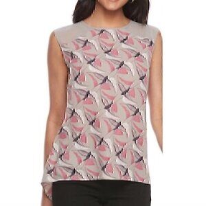 APT. 9 Taupe Pink Black Bird Animal Print Sleeveless Button Back Tank Blouse XS